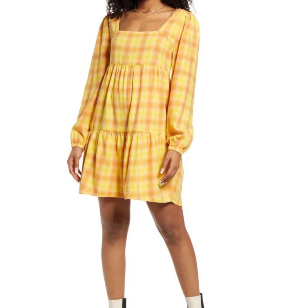 BP. Women's Jordy Orange Yellow Plaid Long Sleeve NWT Mini Dress Size L